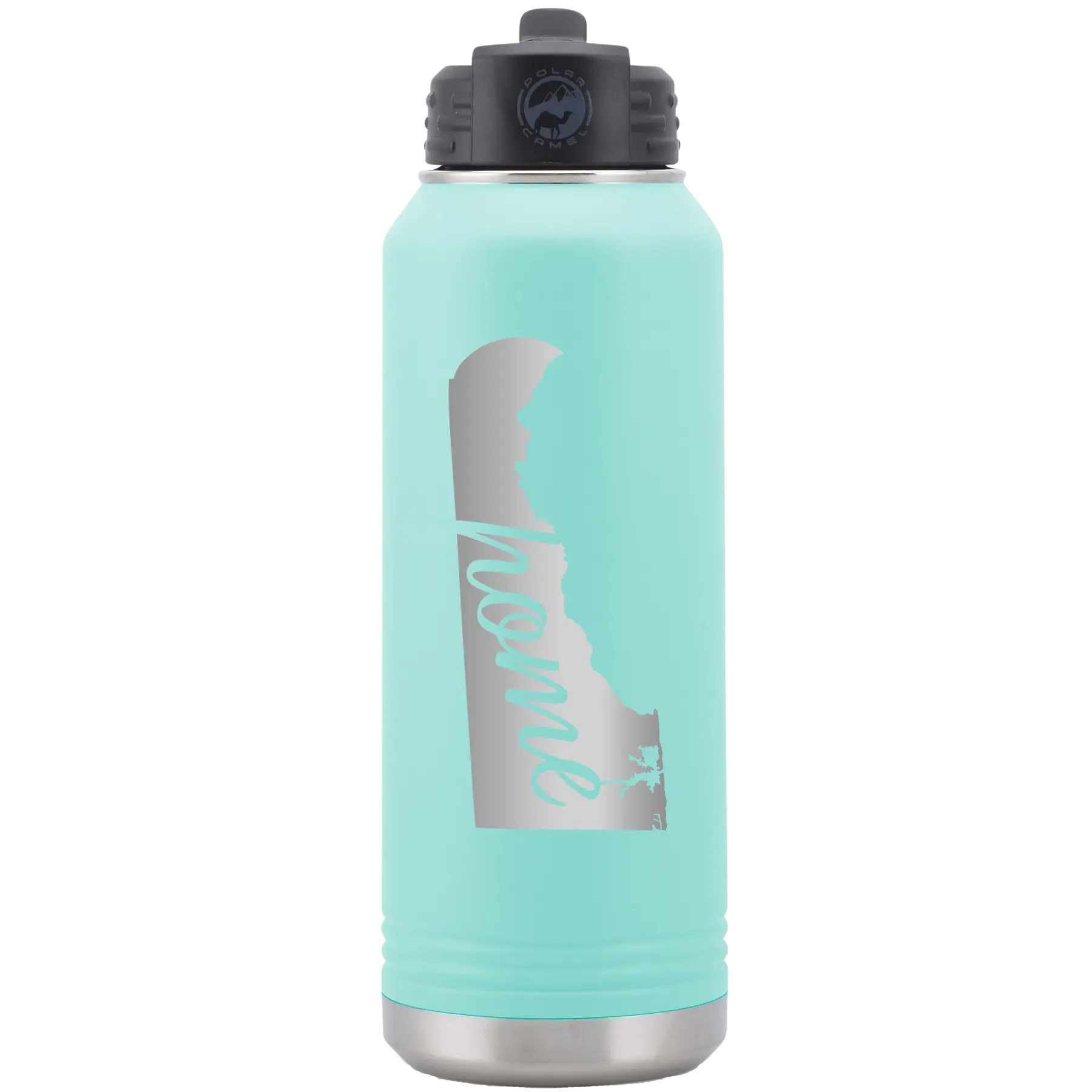 Laser etched teal 32 oz vacuum insulated water bottle with 'Delaware Home' design