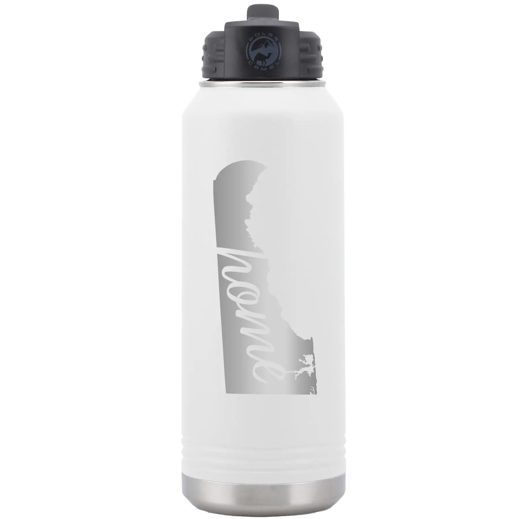 Laser etched white 32 oz vacuum insulated water bottle with 'Delaware Home' design