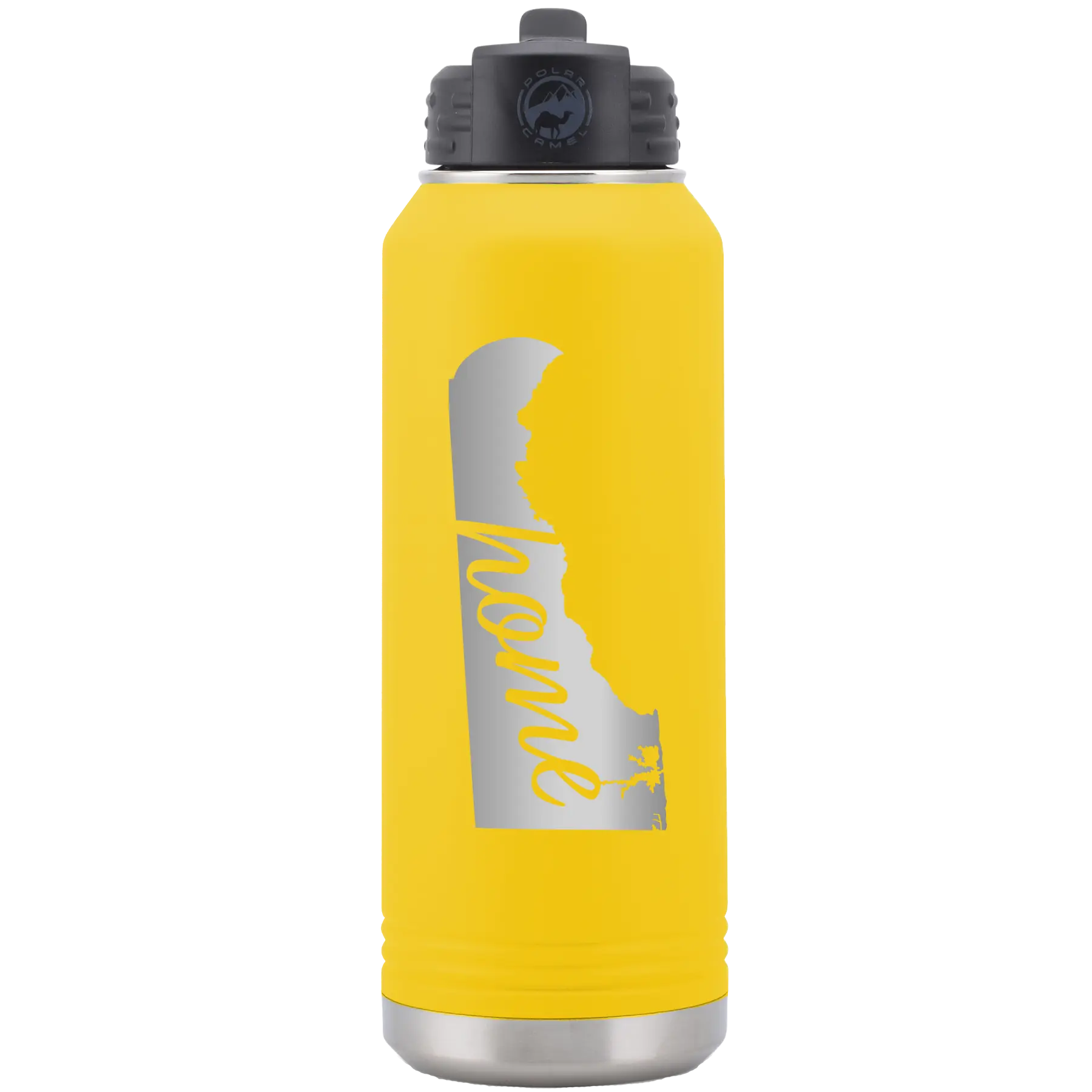 Laser etched yellow 32 oz vacuum insulated water bottle with 'Delaware Home' design