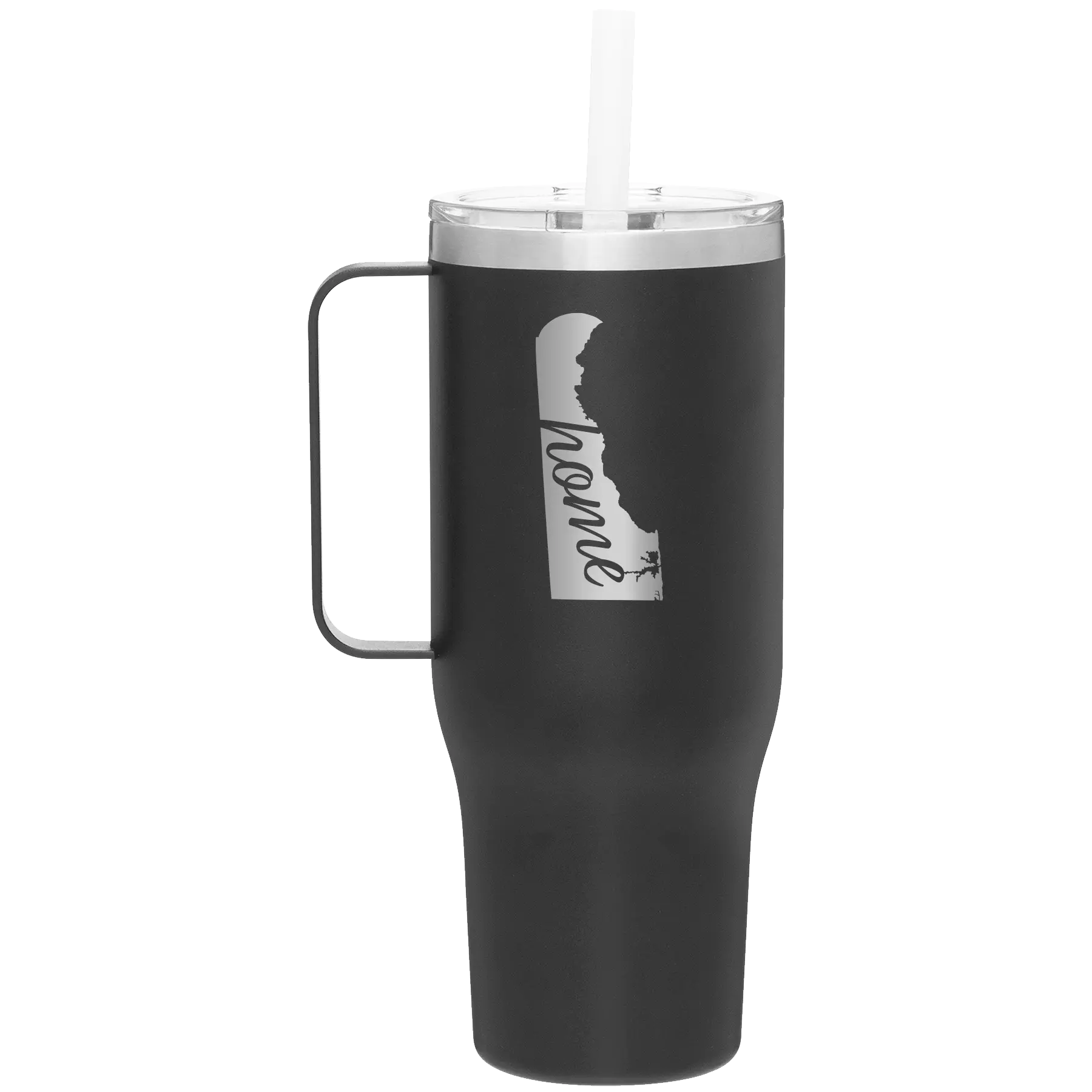 Laser etched black 40 oz vacuum insulated tumbler mug with 'Delaware Home' design