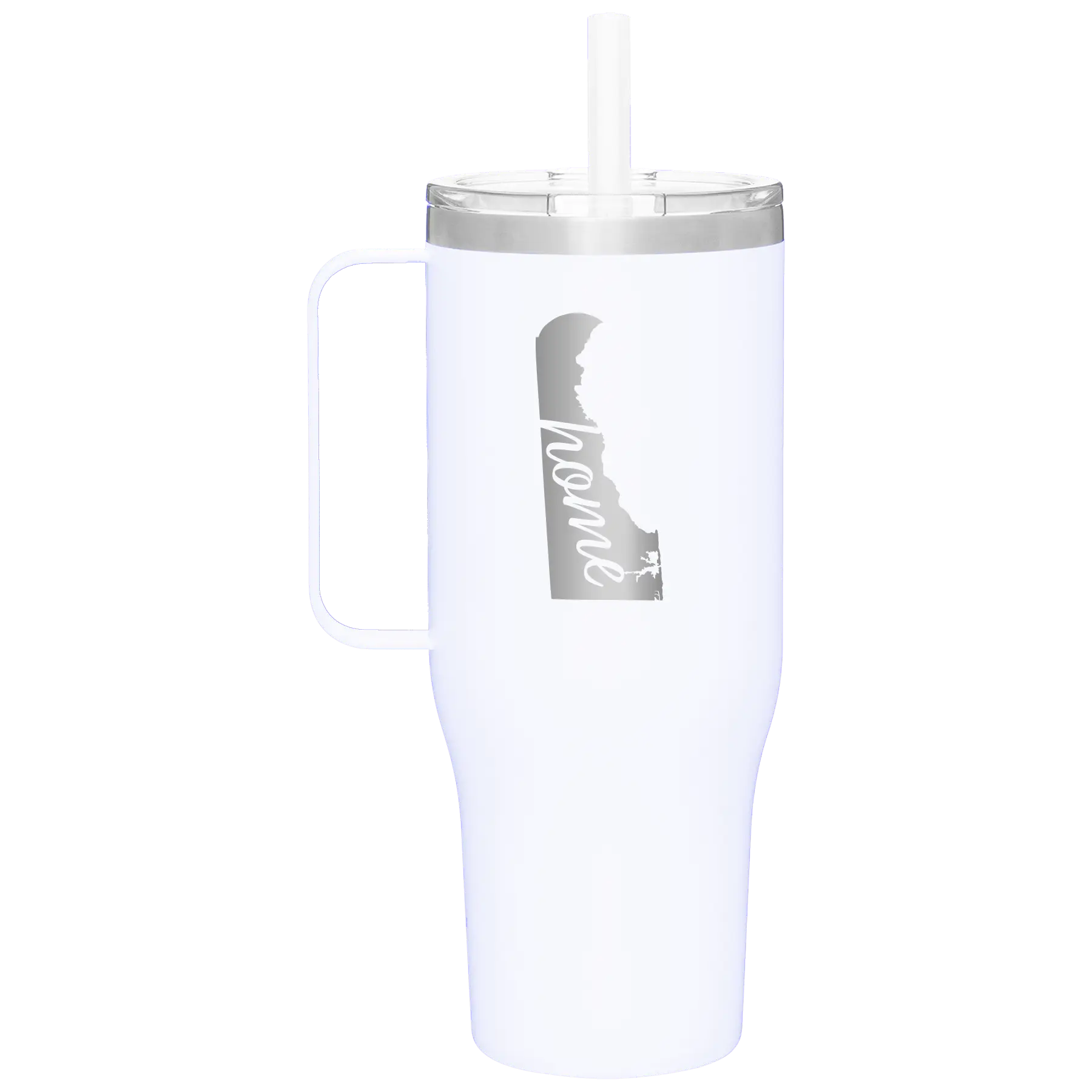Laser etched white 40 oz vacuum insulated tumbler mug with 'Delaware Home' design