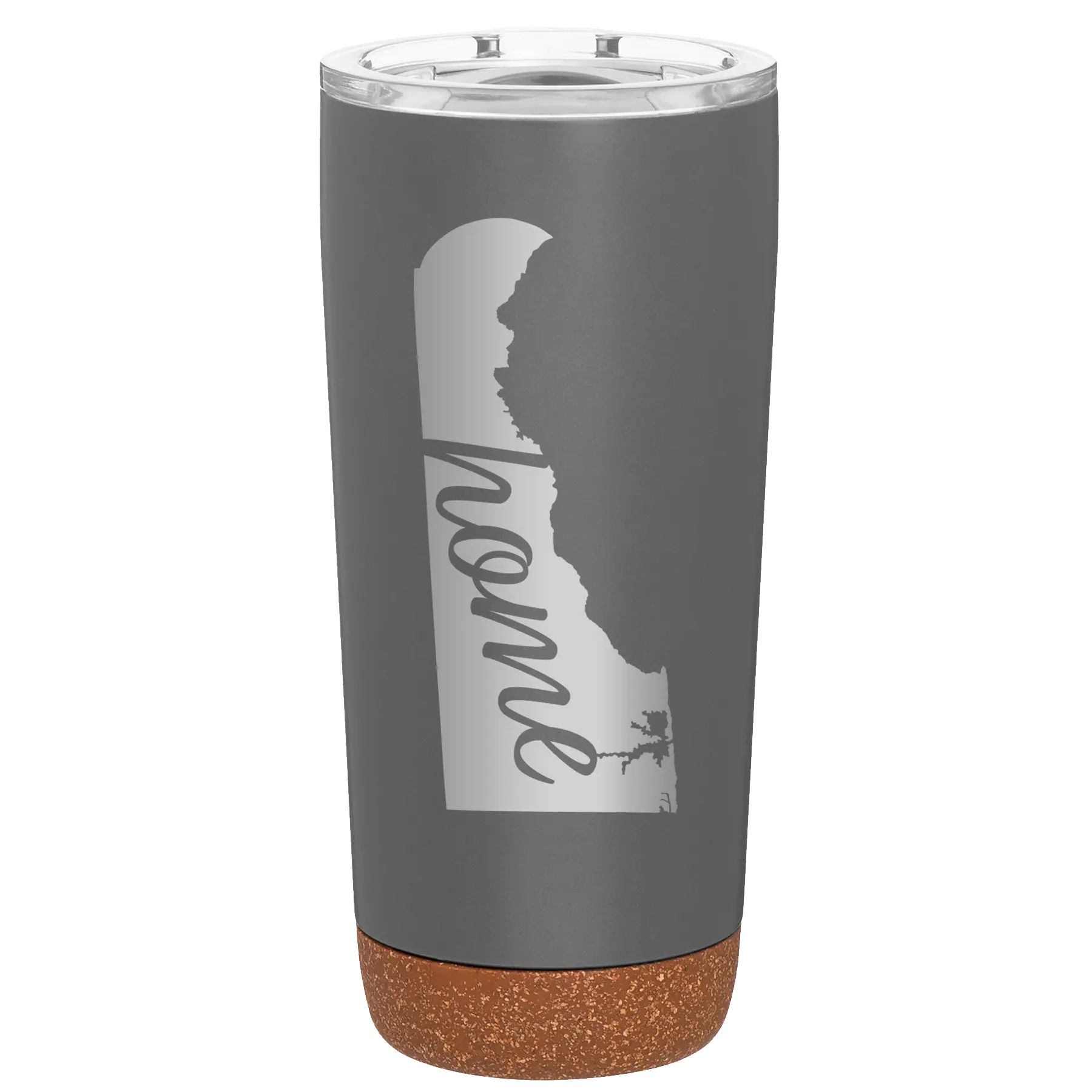 Laser etched storm gray 20 oz vacuum insulated tumbler with 'Delaware Home' design