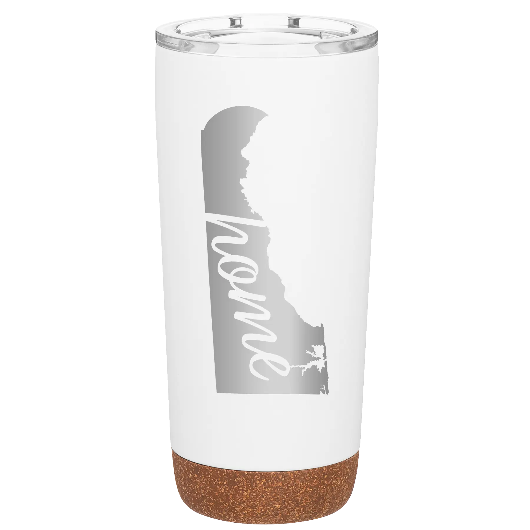 Laser etched white 20 oz vacuum insulated tumbler with 'Delaware Home' design