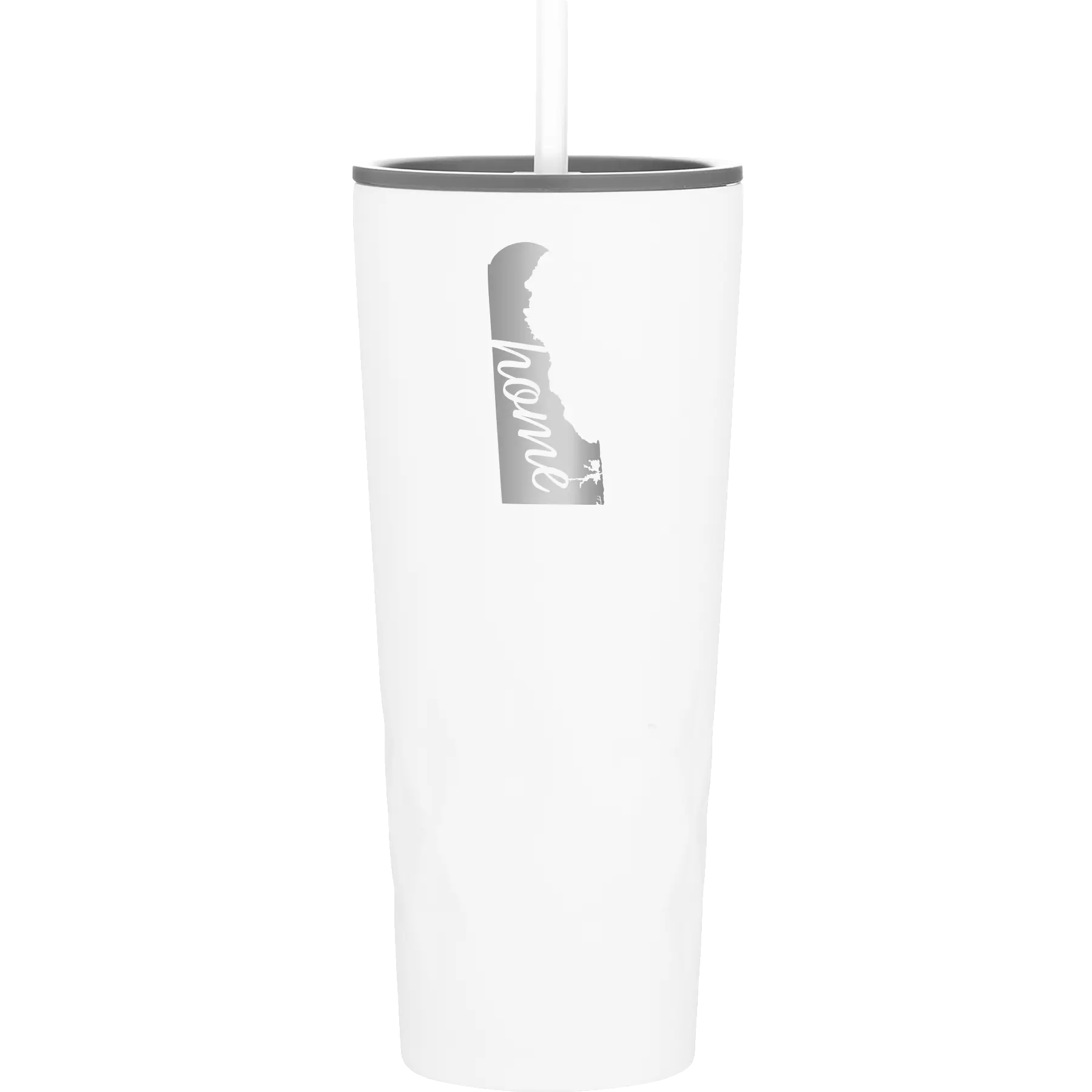 Laser etched white 20 oz vacuum insulated tumbler with 'Delaware Home' design