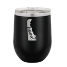 Laser etched black 12 oz vacuum insulated wine cup with 'Delaware Home' design