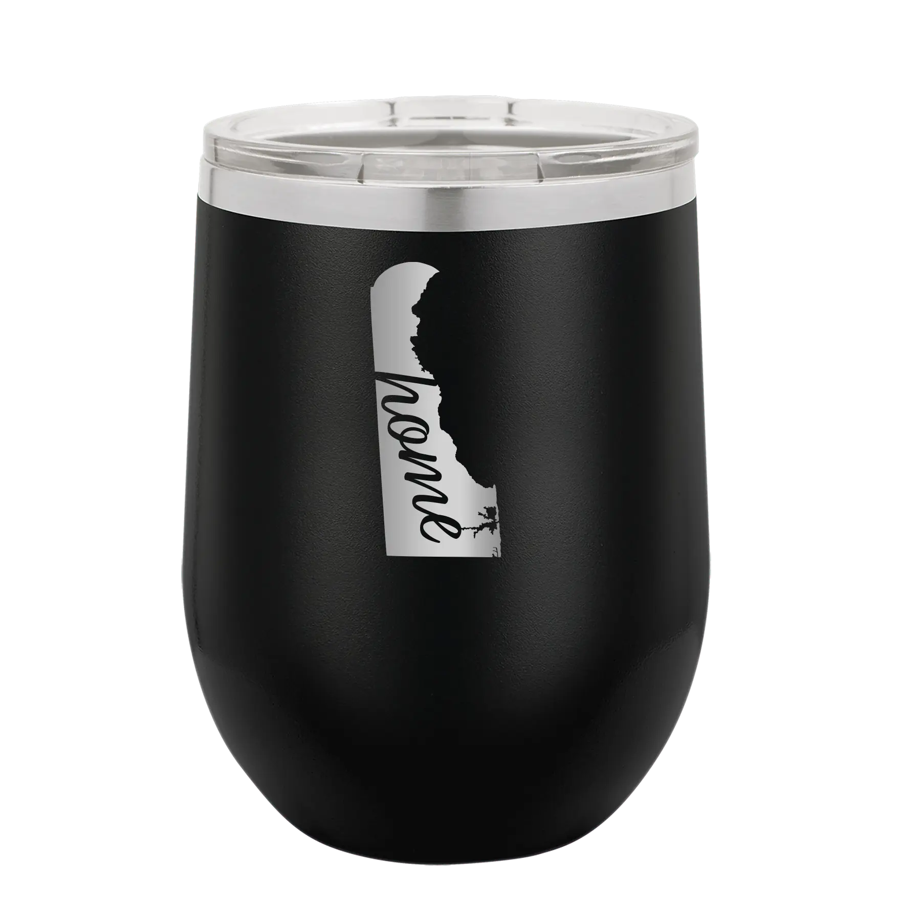 Laser etched black 12 oz vacuum insulated wine cup with 'Delaware Home' design