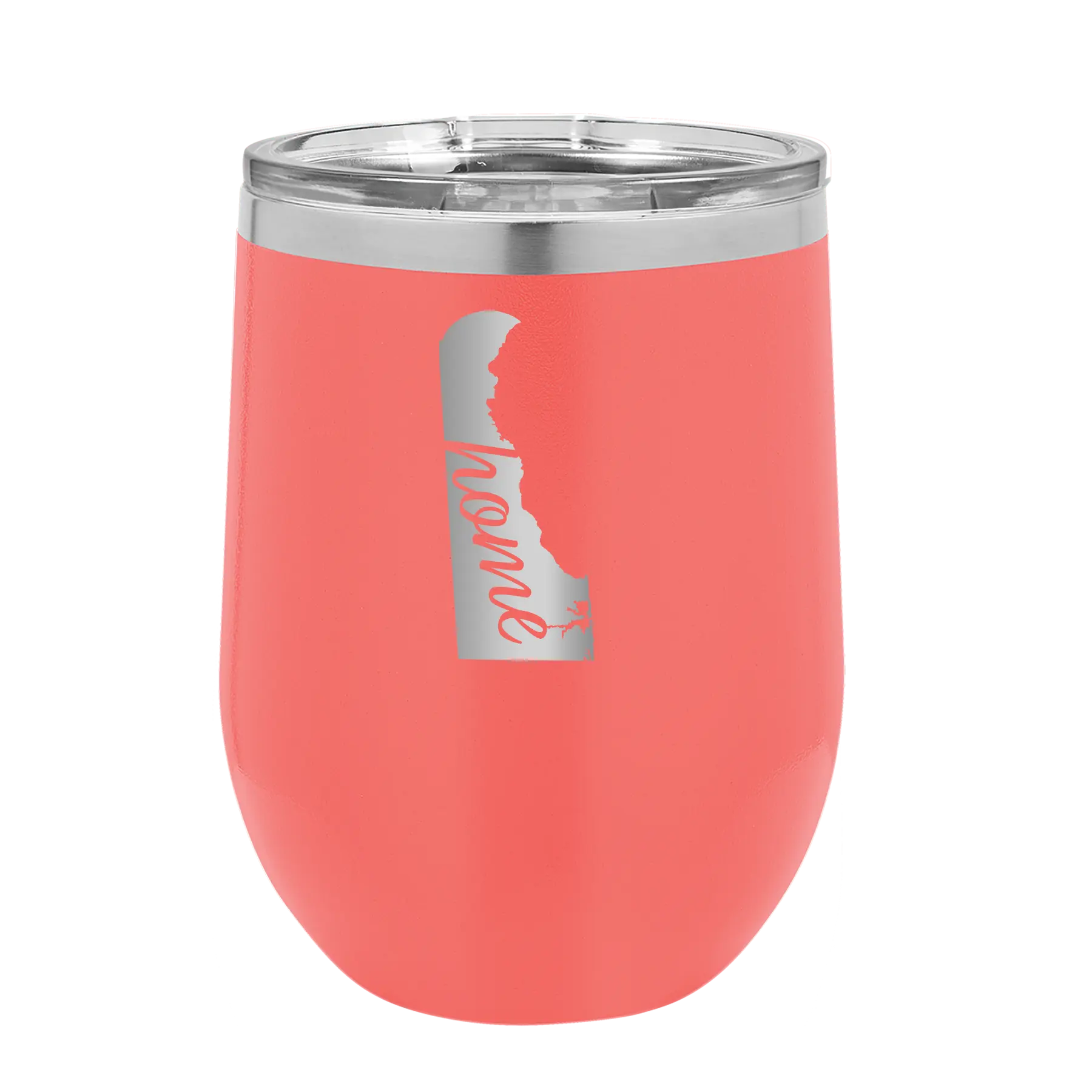 Laser etched coral 12 oz vacuum insulated wine cup with 'Delaware Home' design