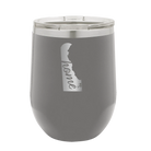 Laser etched dark gray 12 oz vacuum insulated wine cup with 'Delaware Home' design