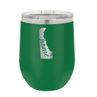 Laser etched green 12 oz vacuum insulated wine cup with 'Delaware Home' design