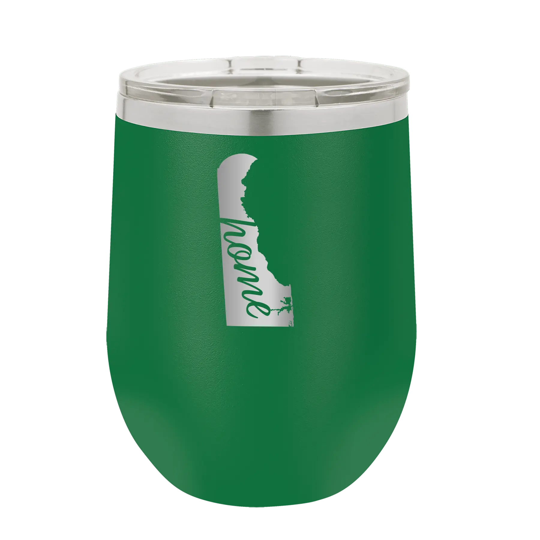 Laser etched green 12 oz vacuum insulated wine cup with 'Delaware Home' design
