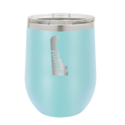 Laser etched light blue 12 oz vacuum insulated wine cup with 'Delaware Home' design