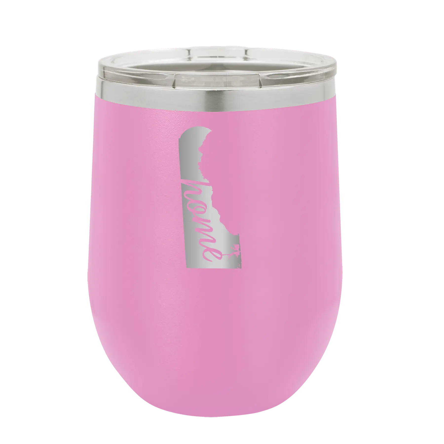Laser etched light purple 12 oz vacuum insulated wine cup with 'Delaware Home' design
