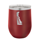 Laser etched maroon 12 oz vacuum insulated wine cup with 'Delaware Home' design