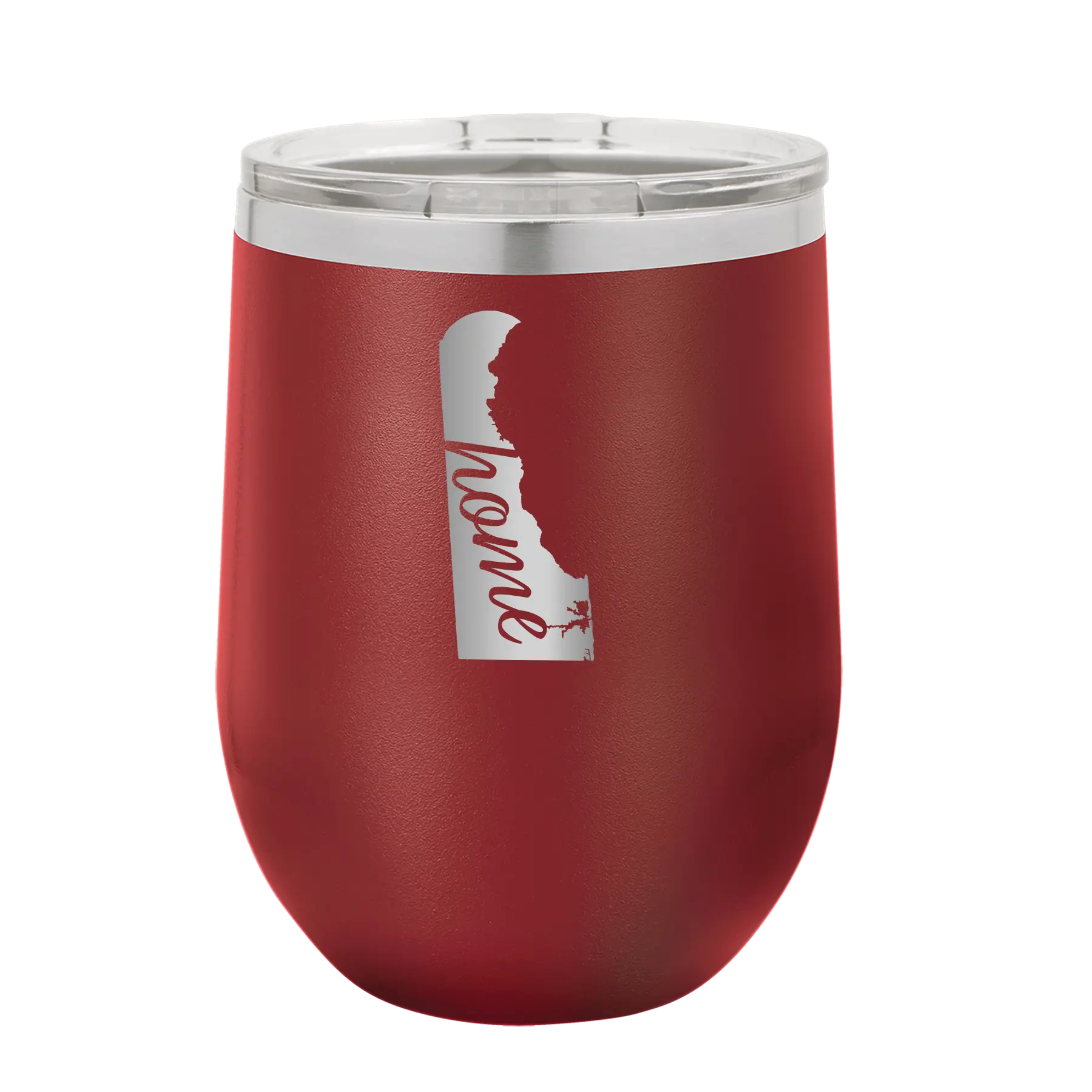 Laser etched maroon 12 oz vacuum insulated wine cup with 'Delaware Home' design