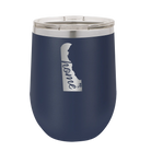 Laser etched navy 12 oz vacuum insulated wine cup with 'Delaware Home' design