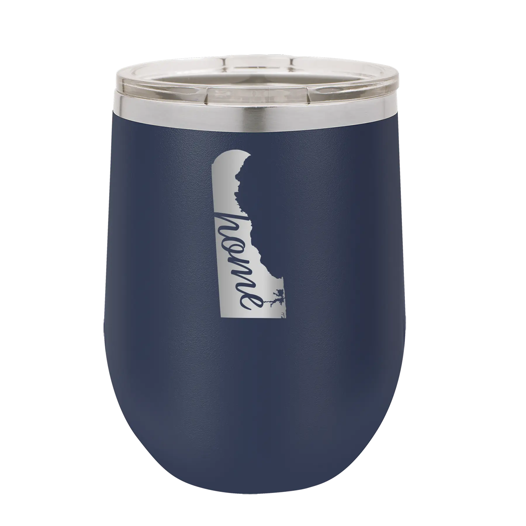 Laser etched navy 12 oz vacuum insulated wine cup with 'Delaware Home' design