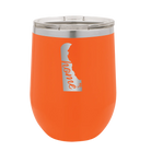 Laser etched orange 12 oz vacuum insulated wine cup with 'Delaware Home' design