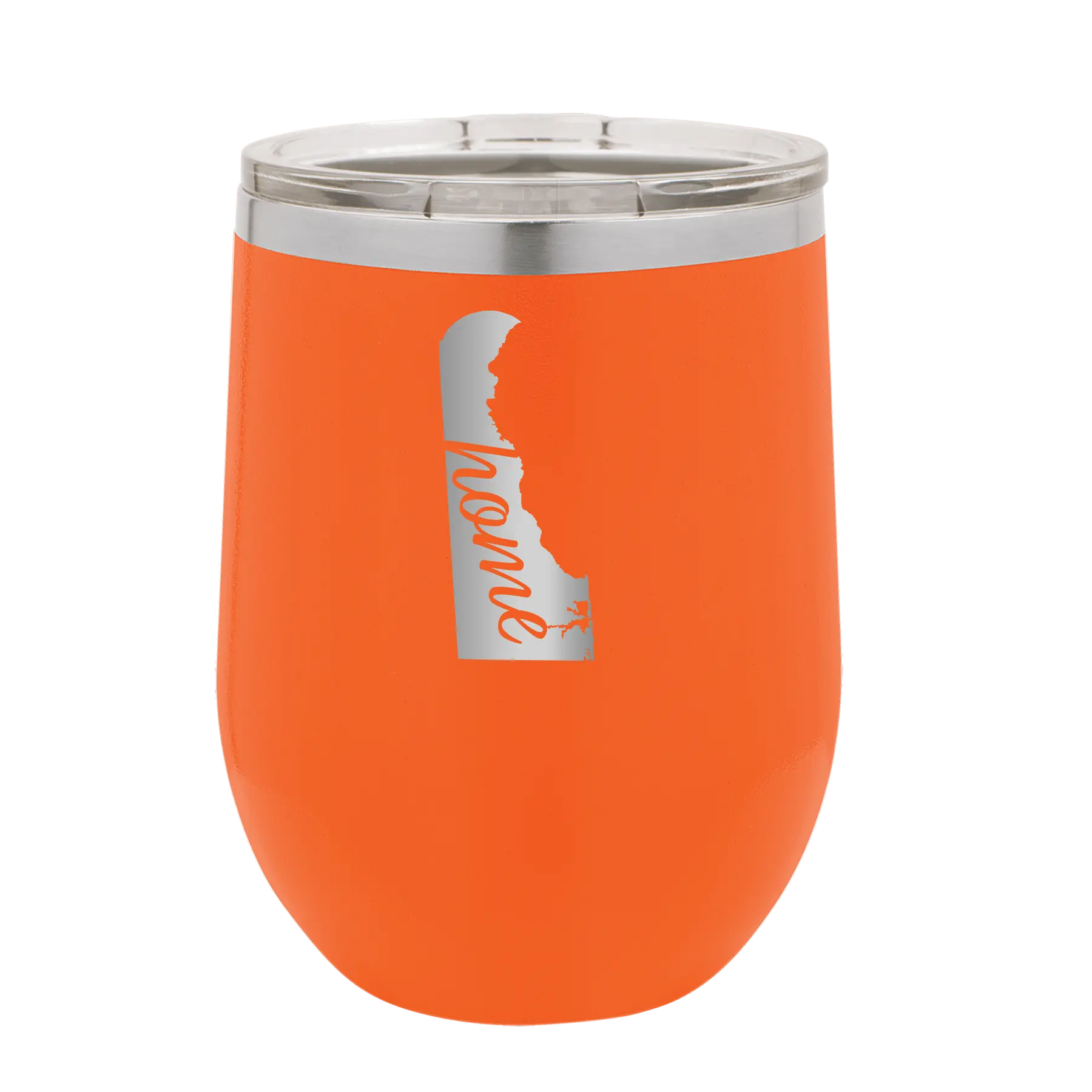 Laser etched orange 12 oz vacuum insulated wine cup with 'Delaware Home' design