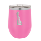 Laser etched pink 12 oz vacuum insulated wine cup with 'Delaware Home' design