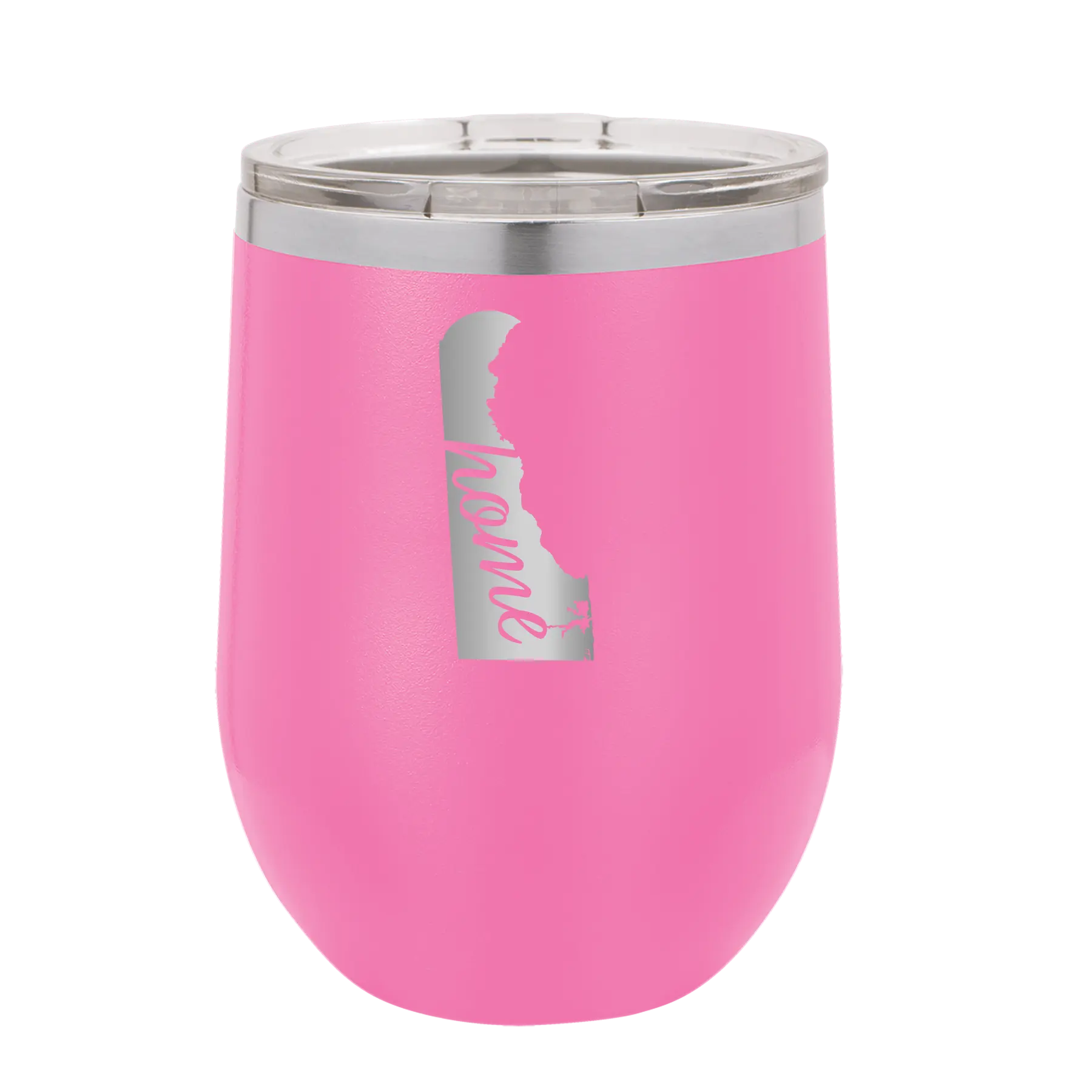 Laser etched pink 12 oz vacuum insulated wine cup with 'Delaware Home' design