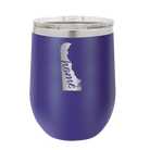 Laser etched purple 12 oz vacuum insulated wine cup with 'Delaware Home' design