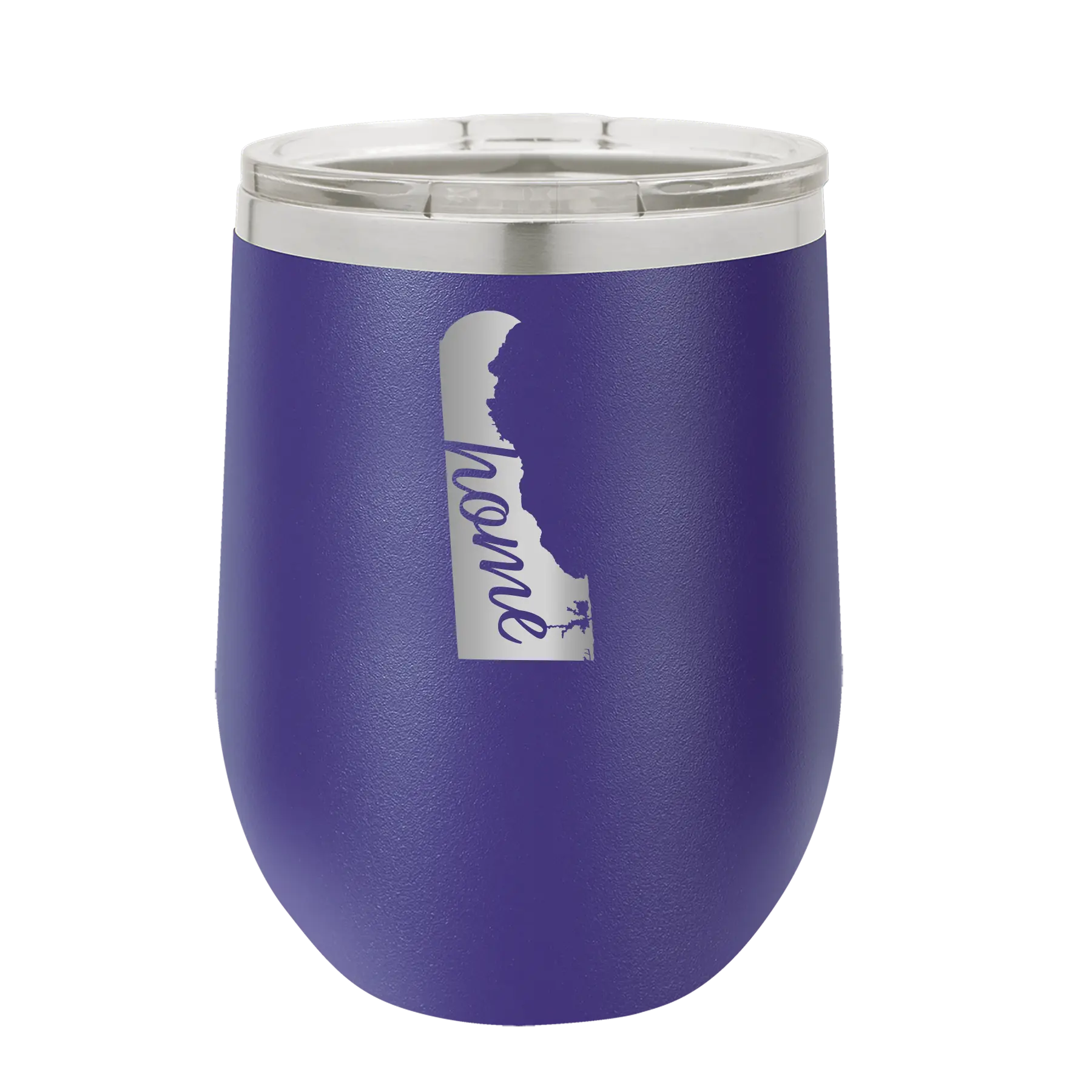 Laser etched purple 12 oz vacuum insulated wine cup with 'Delaware Home' design