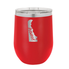Laser etched red 12 oz vacuum insulated wine cup with 'Delaware Home' design