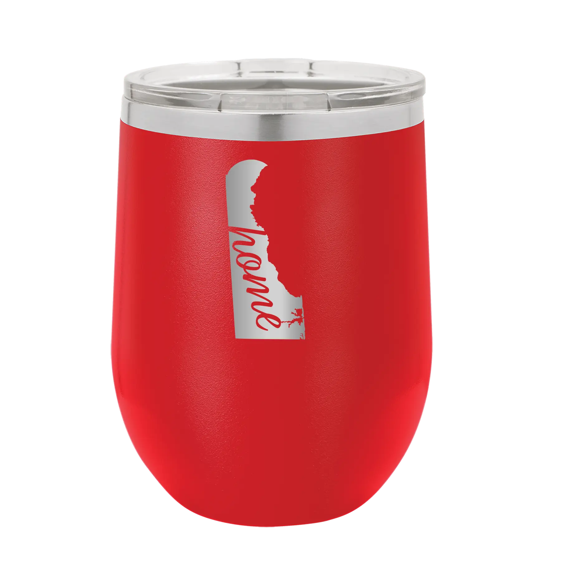 Laser etched red 12 oz vacuum insulated wine cup with 'Delaware Home' design