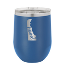 Laser etched royal blue 12 oz vacuum insulated wine cup with 'Delaware Home' design