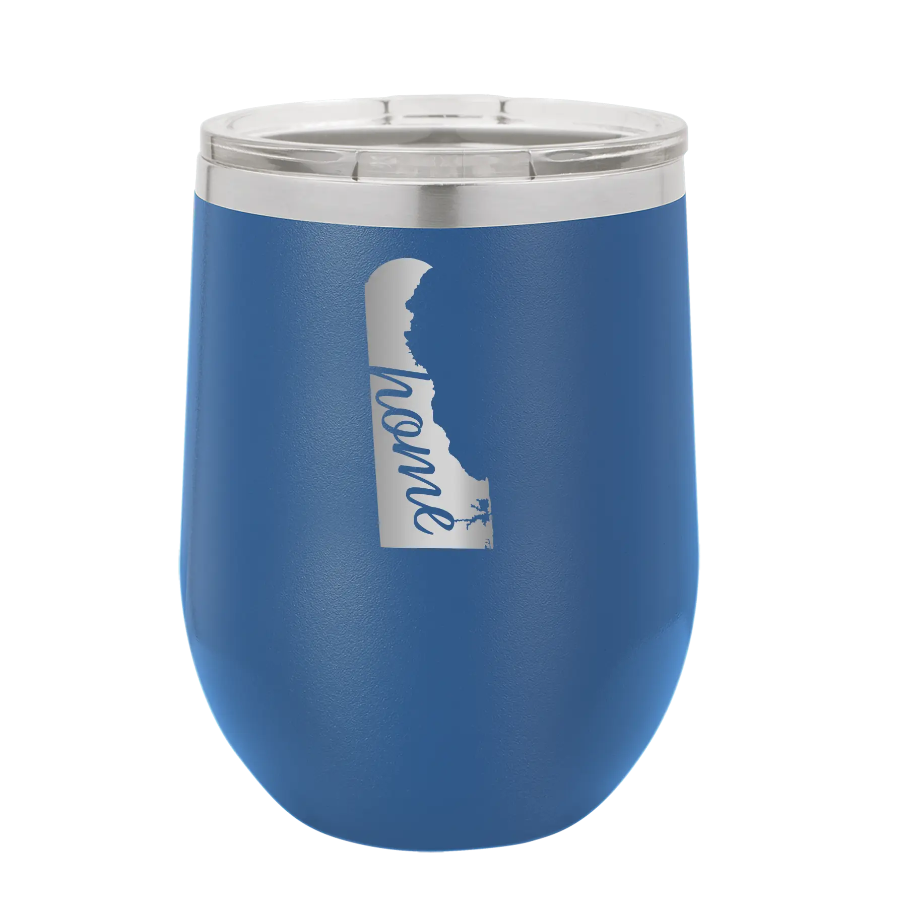 Laser etched royal blue 12 oz vacuum insulated wine cup with 'Delaware Home' design