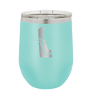 Laser etched teal 12 oz vacuum insulated wine cup with 'Delaware Home' design