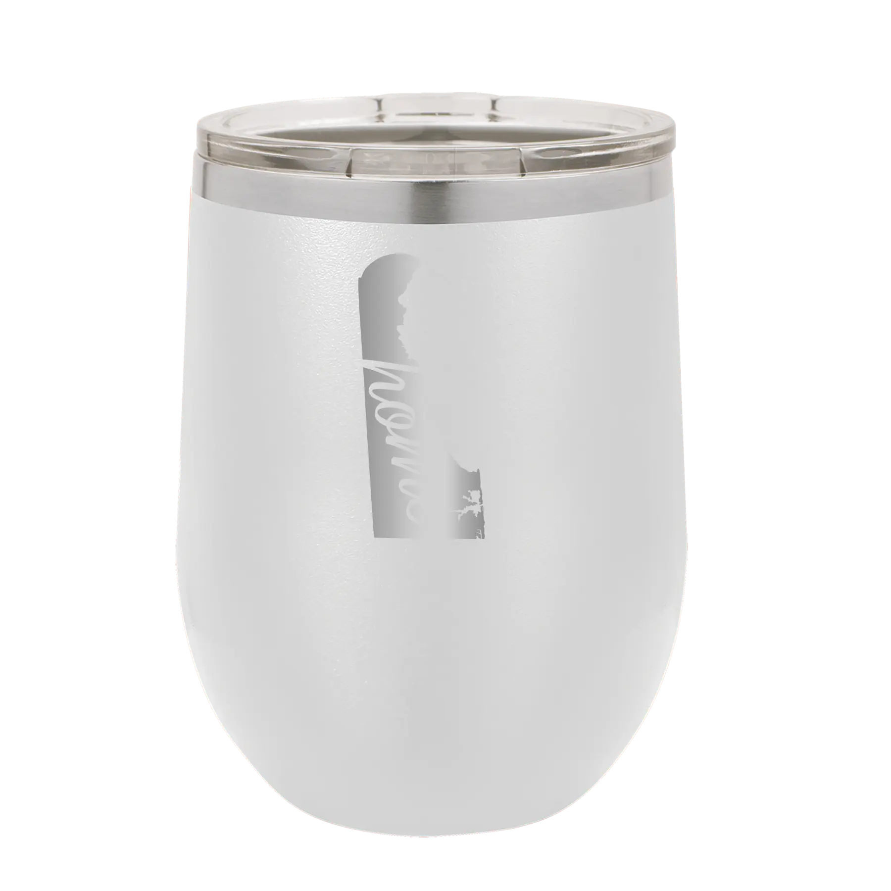 Laser etched white 12 oz vacuum insulated wine cup with 'Delaware Home' design