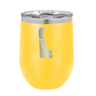 Laser etched yellow 12 oz vacuum insulated wine cup with 'Delaware Home' design