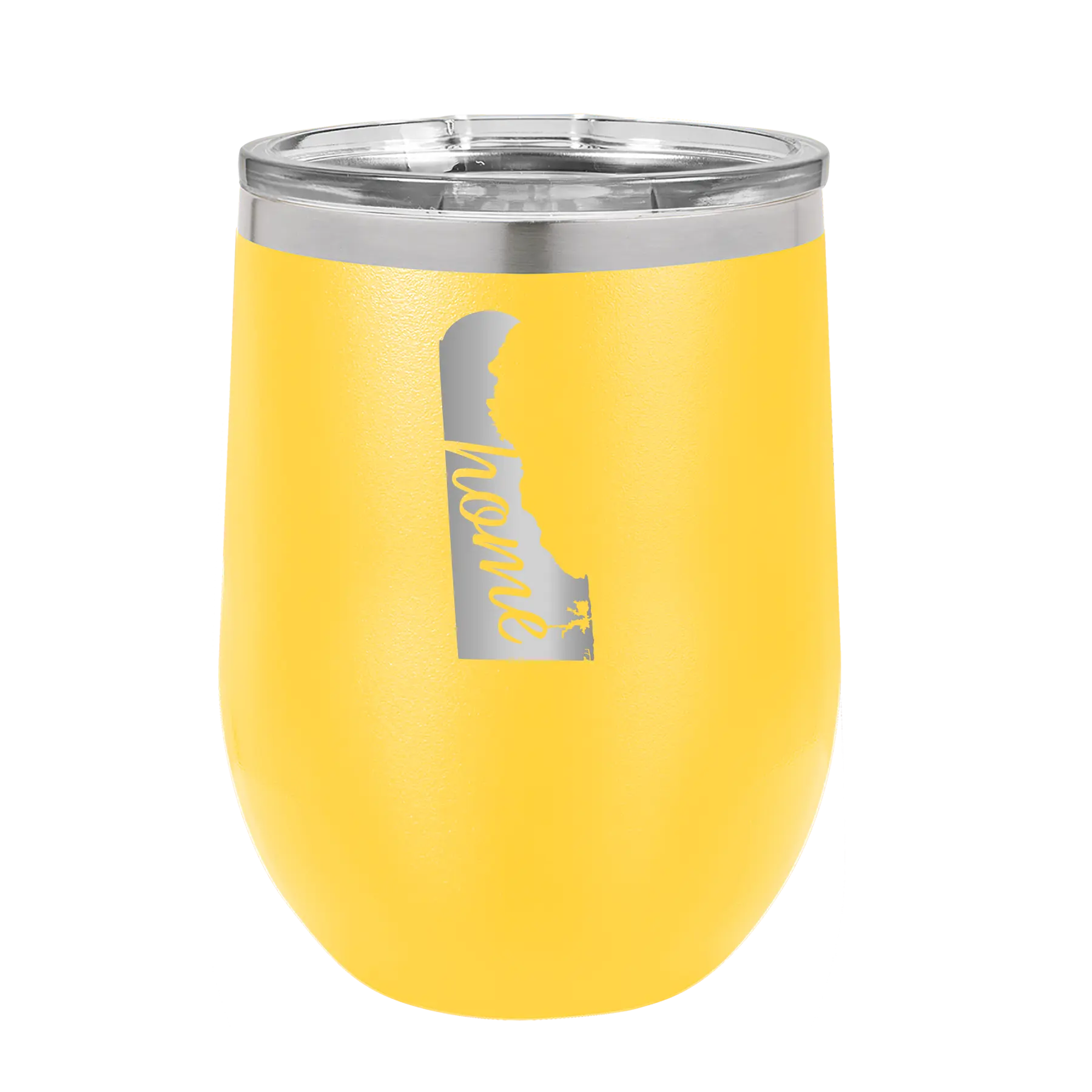 Laser etched yellow 12 oz vacuum insulated wine cup with 'Delaware Home' design