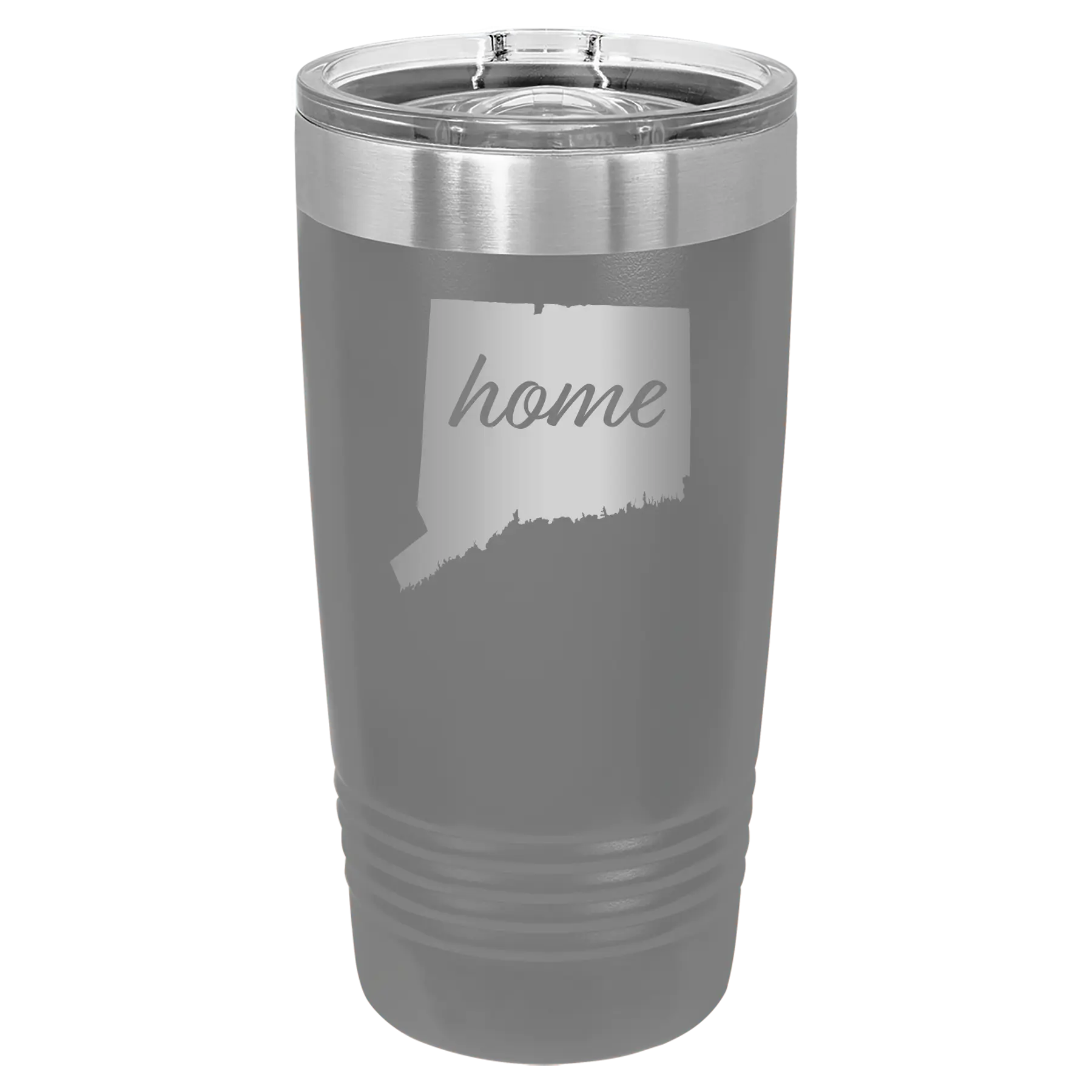 Laser etched dark gray 20 oz vacuum insulated tumbler with 'Connecticut Home' design