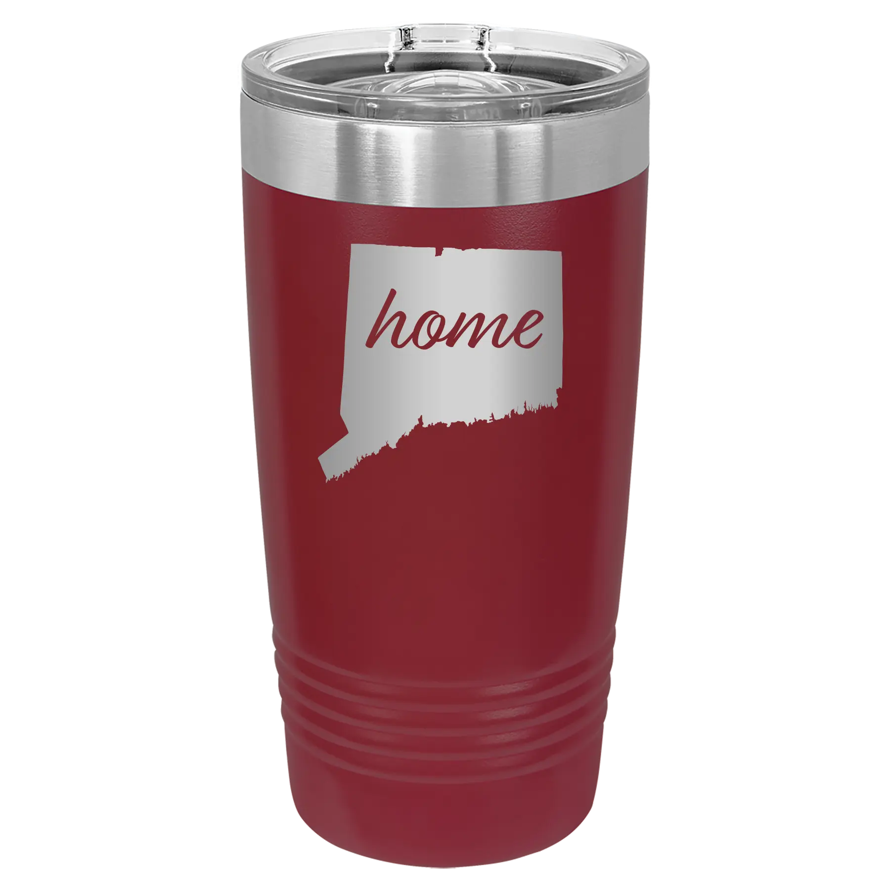 Laser etched maroon 20 oz vacuum insulated tumbler with 'Connecticut Home' design