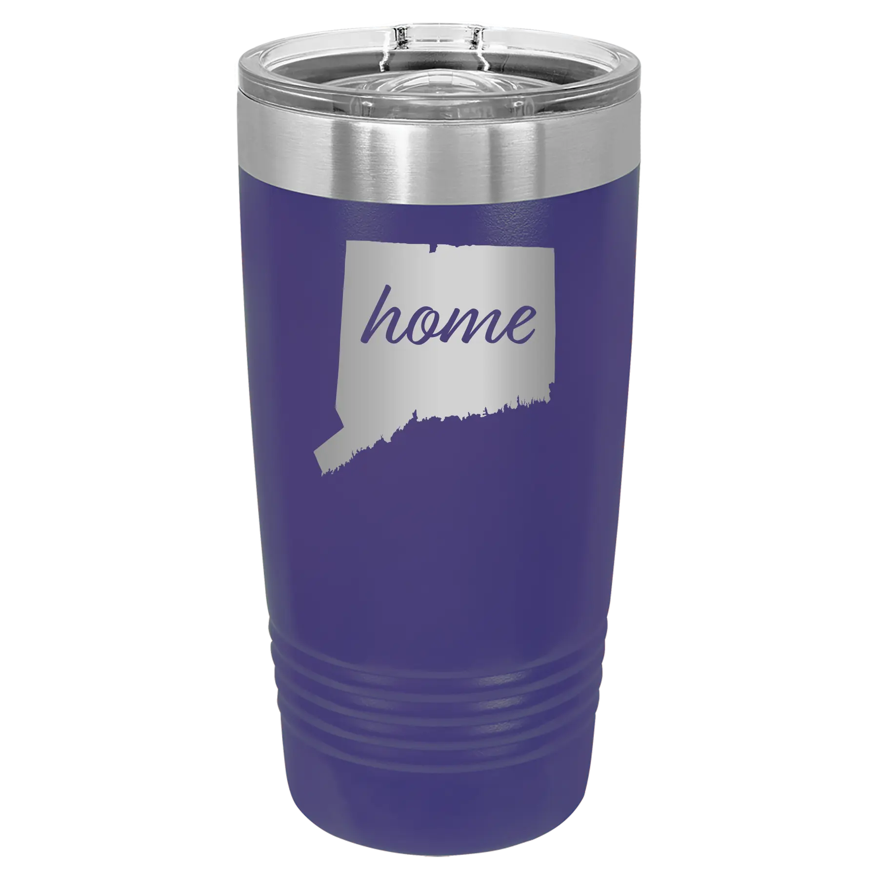 Laser etched purple 20 oz vacuum insulated tumbler with 'Connecticut Home' design