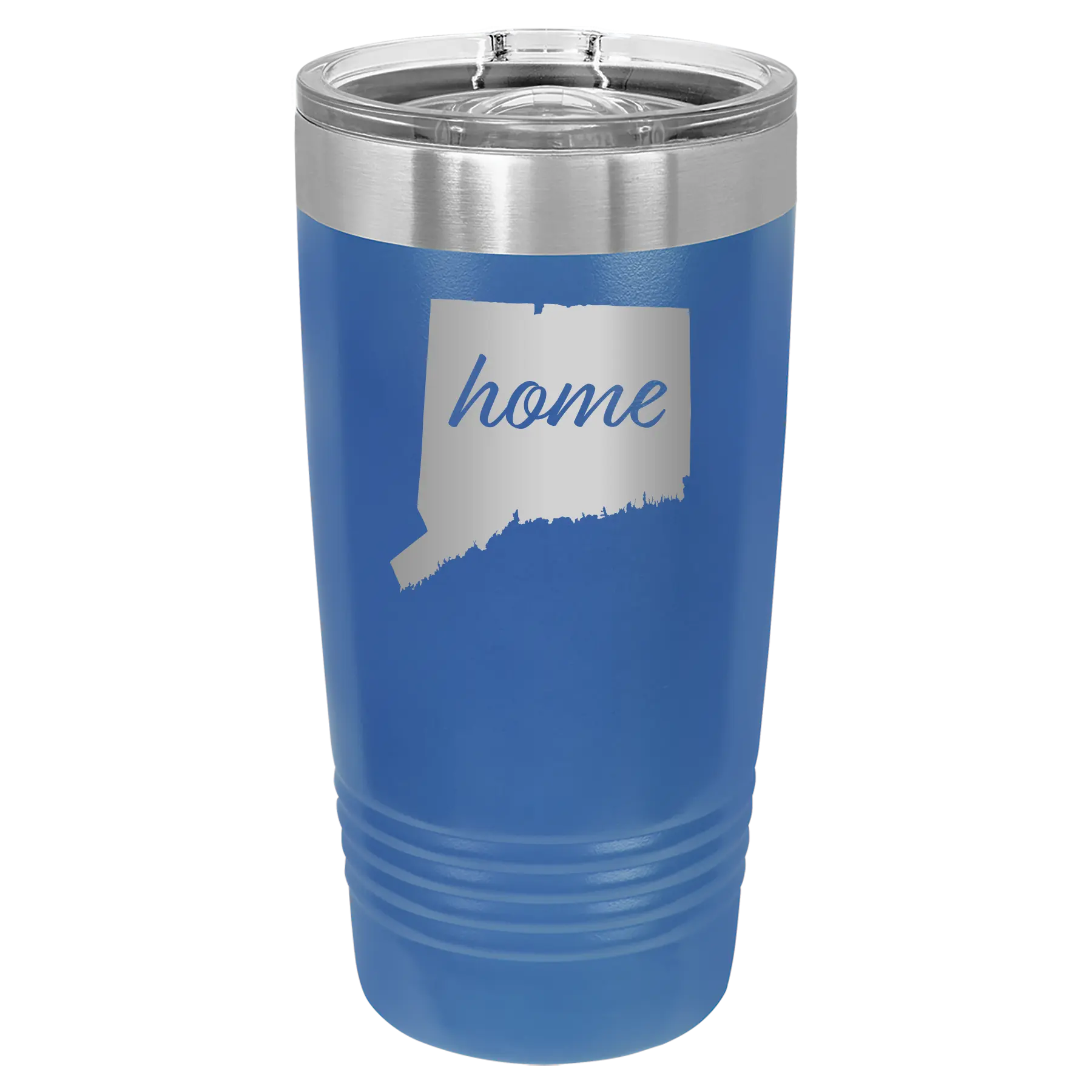 Laser etched royal blue 20 oz vacuum insulated tumbler with 'Connecticut Home' design