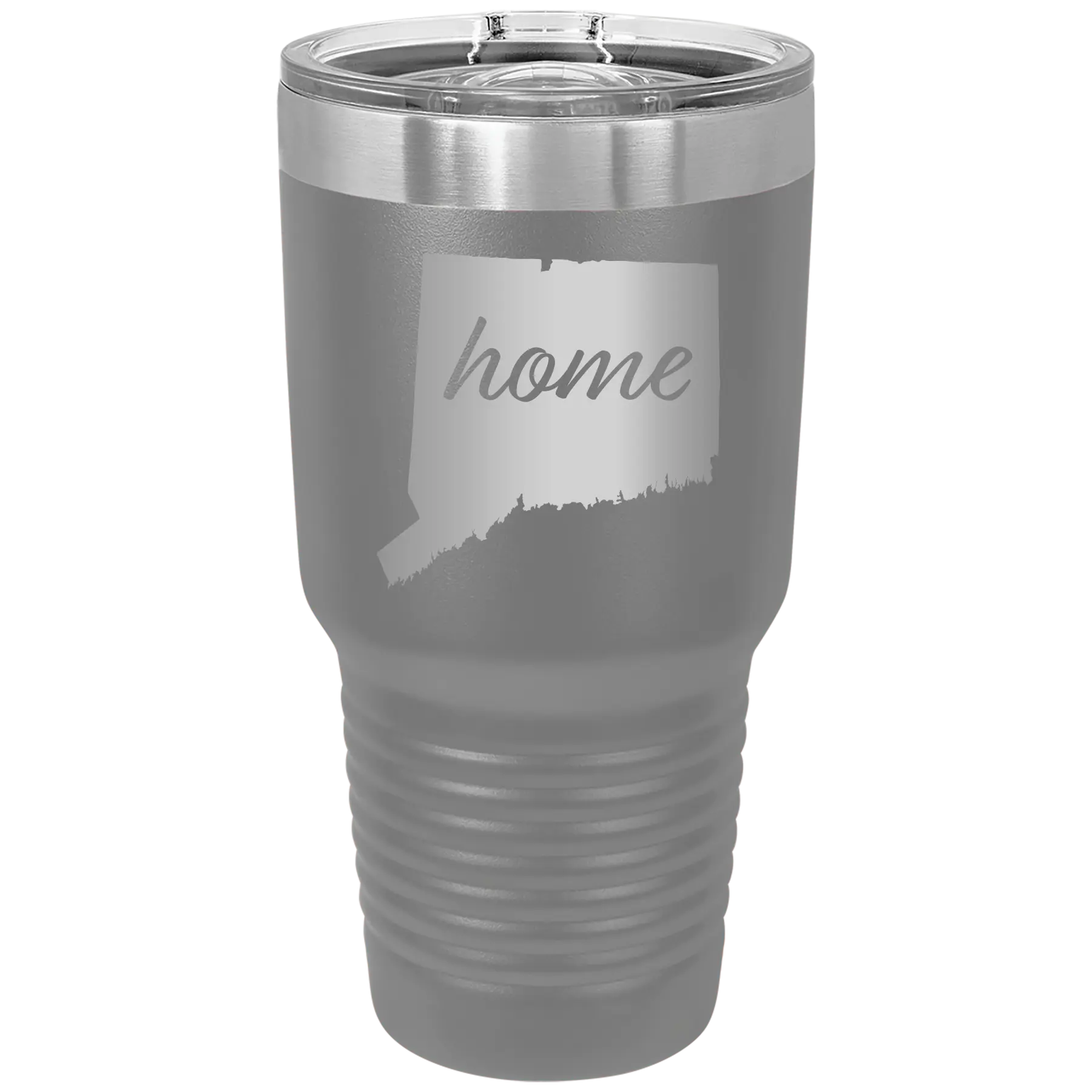 Laser etched dark gray 30 oz vacuum insulated tumbler with 'Connecticut Home' design