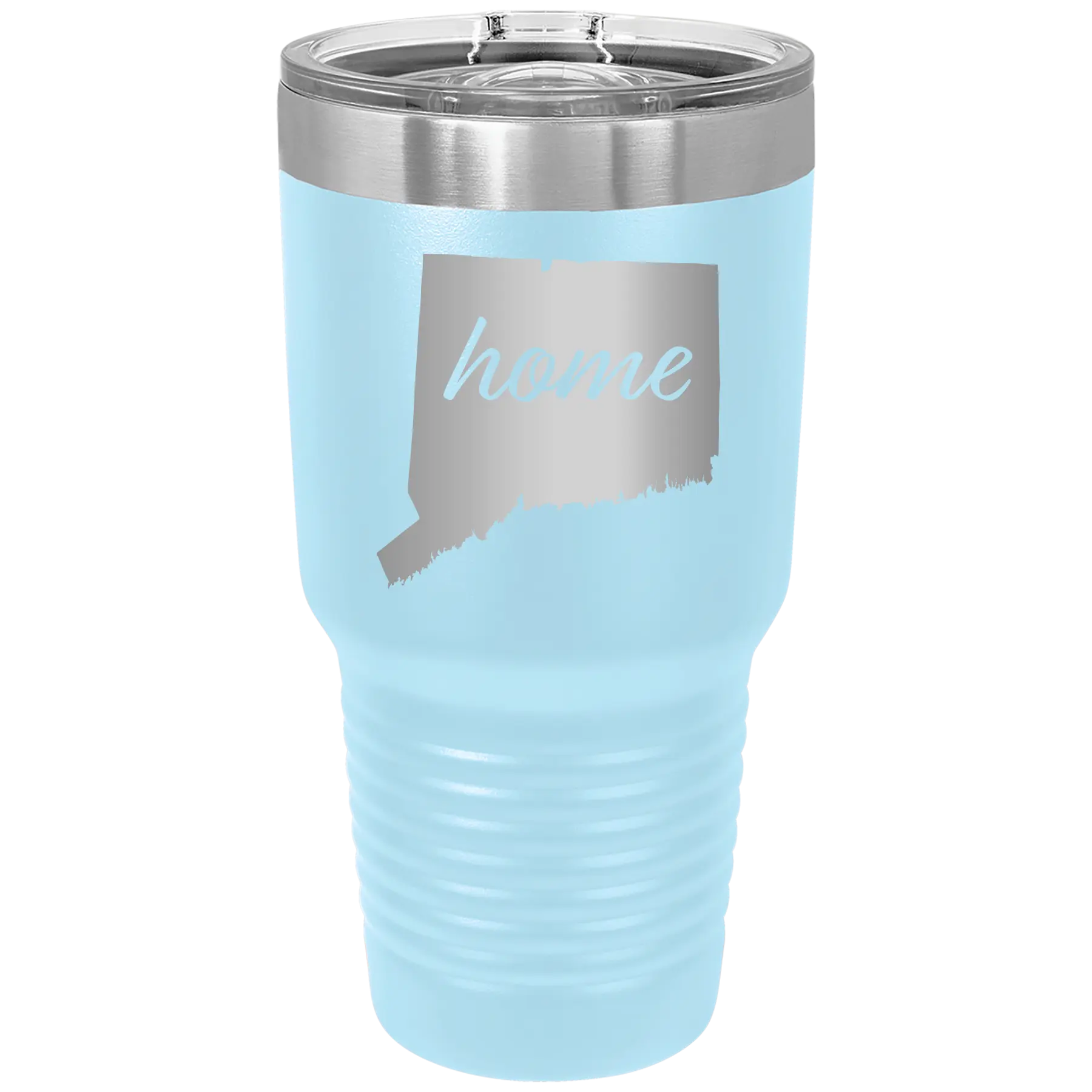 Laser etched light blue 30 oz vacuum insulated tumbler with 'Connecticut Home' design