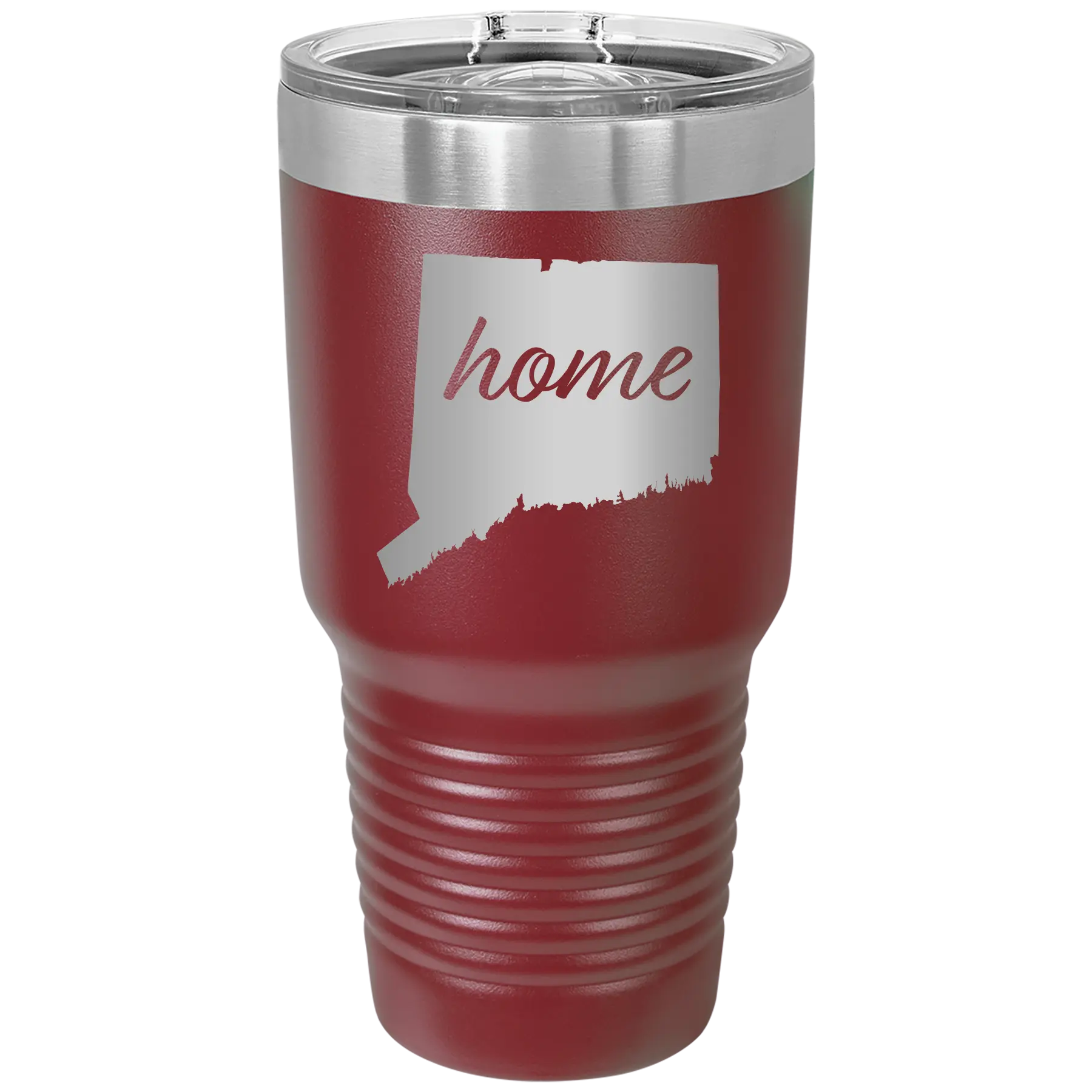 Laser etched maroon 30 oz vacuum insulated tumbler with 'Connecticut Home' design