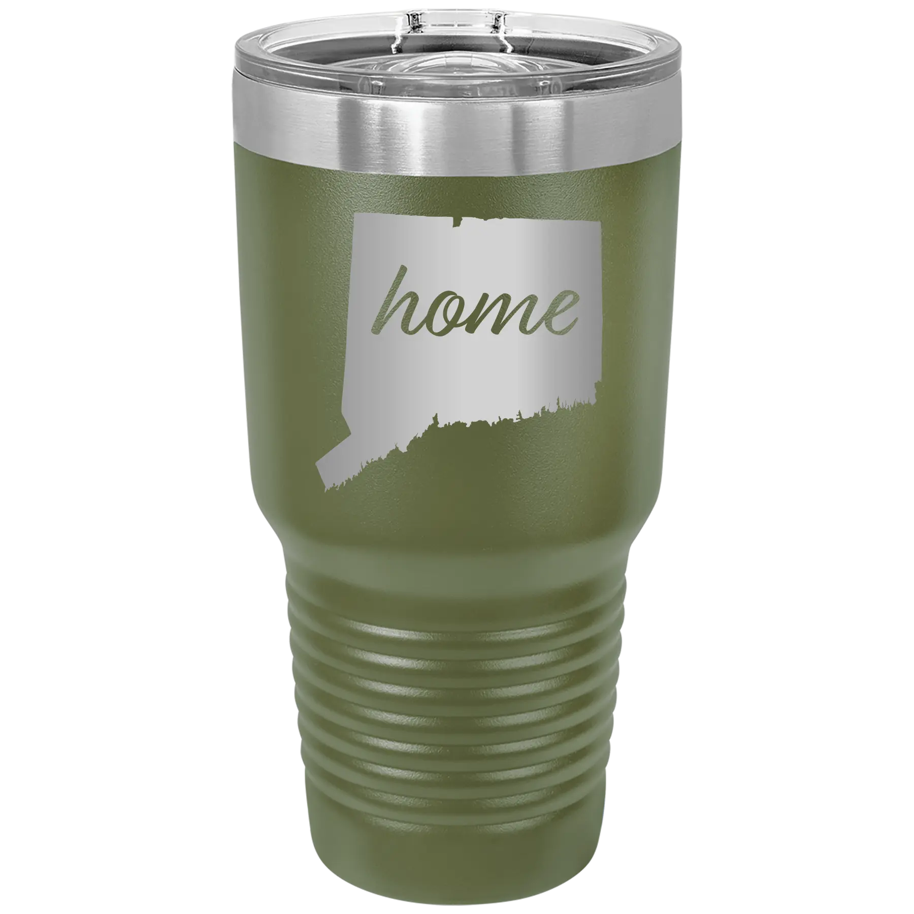 Laser etched olive green 30 oz vacuum insulated tumbler with 'Connecticut Home' design