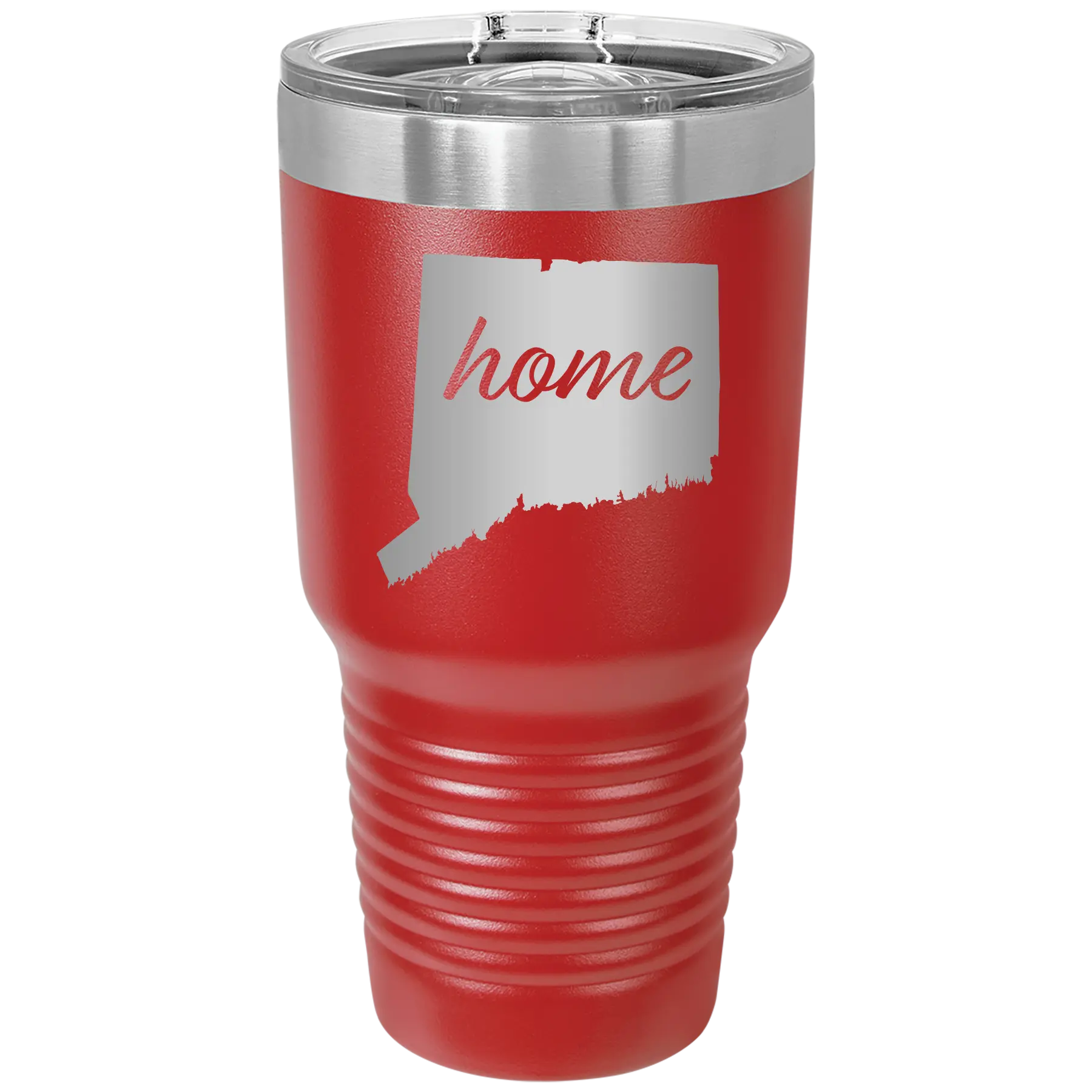 Laser etched red 30 oz vacuum insulated tumbler with 'Connecticut Home' design
