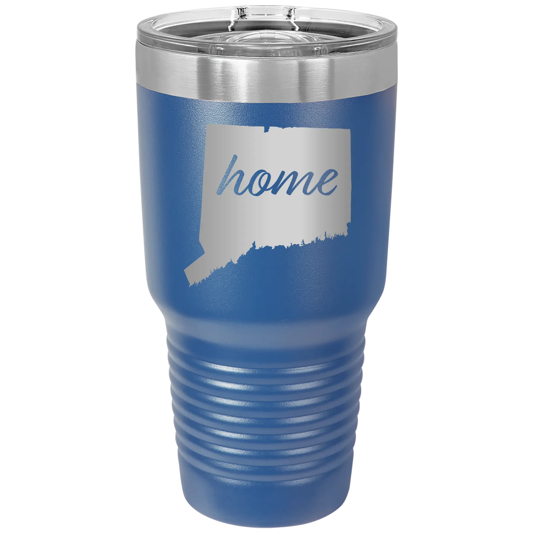 Laser etched royal blue 30 oz vacuum insulated tumbler with 'Connecticut Home' design
