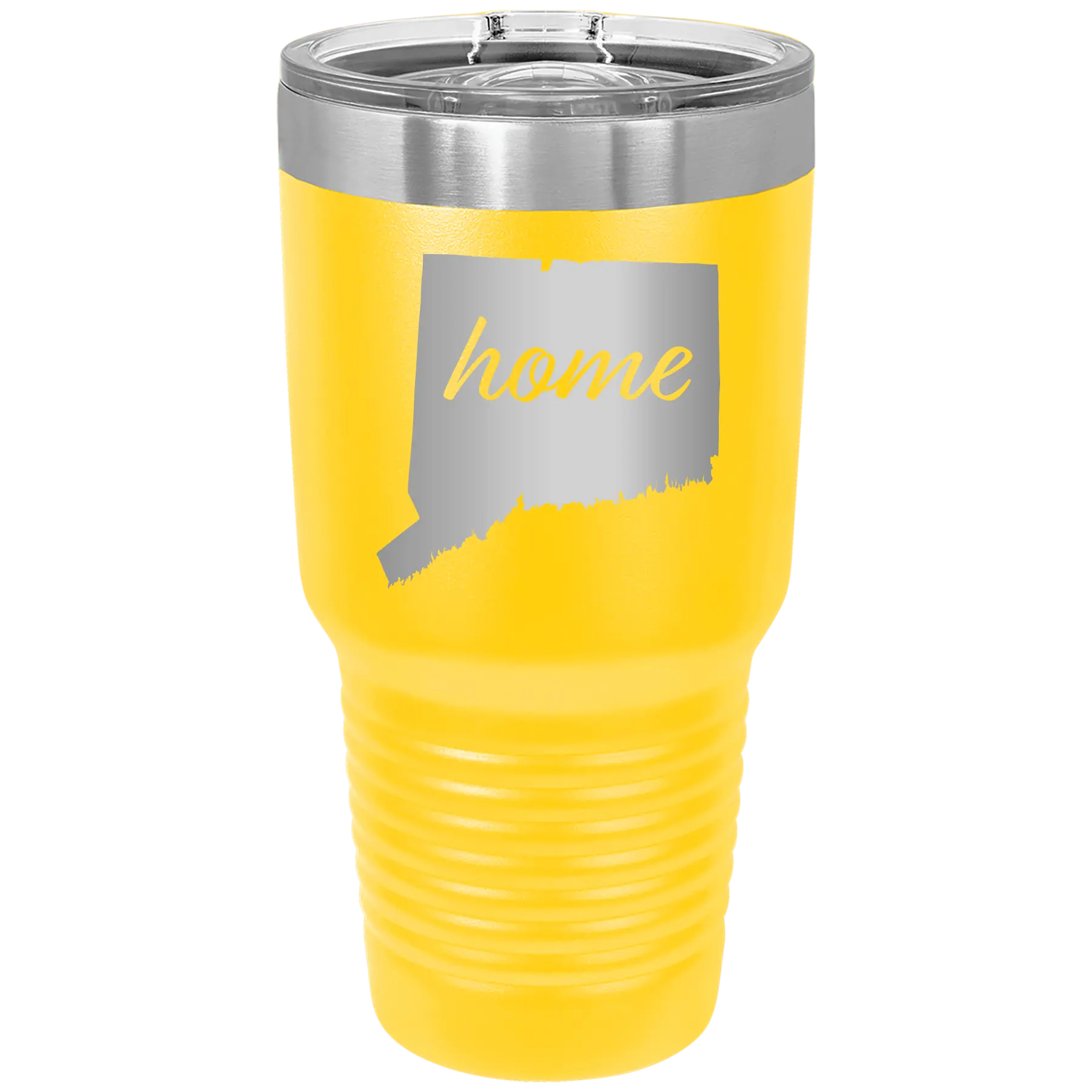 Laser etched yellow 30 oz vacuum insulated tumbler with 'Connecticut Home' design
