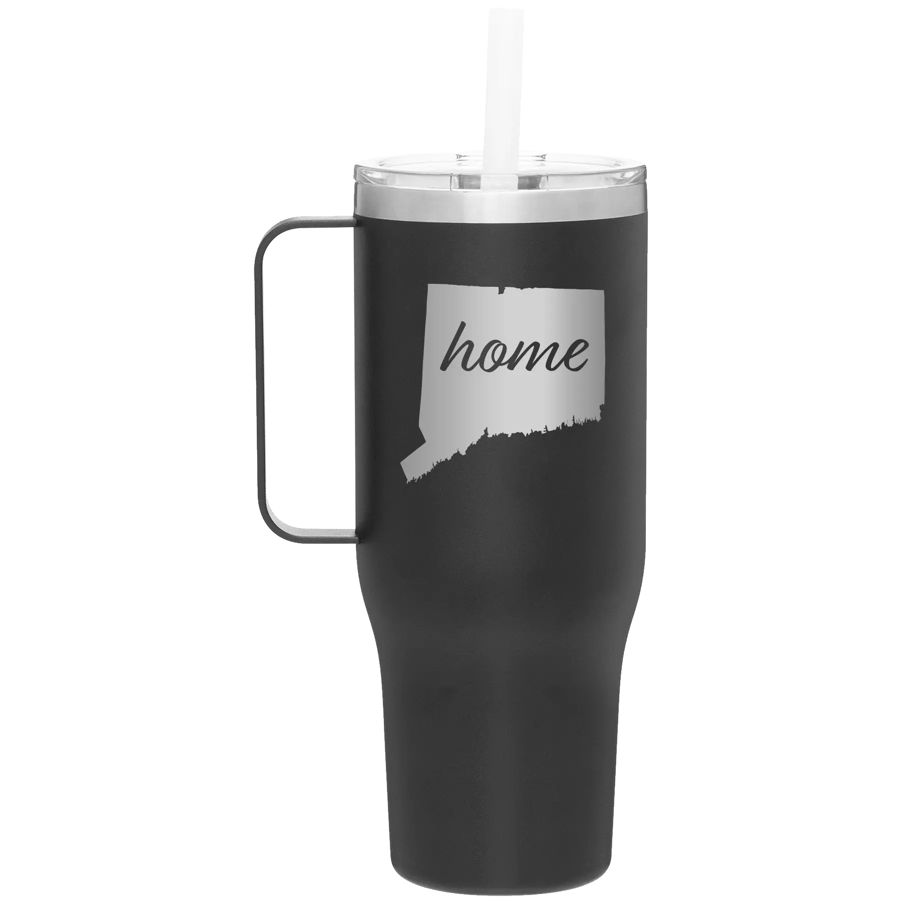 Laser etched black 40 oz vacuum insulated tumbler mug with 'Connecticut Home' design