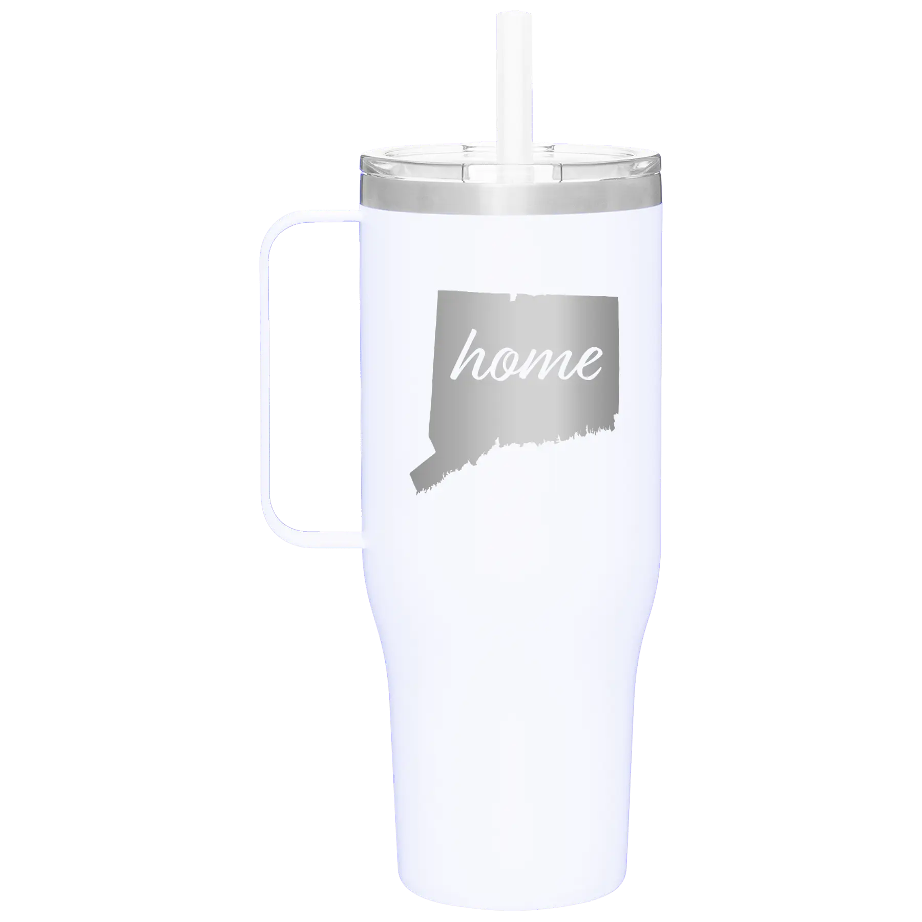 Laser etched white 40 oz vacuum insulated tumbler mug with 'Connecticut Home' design
