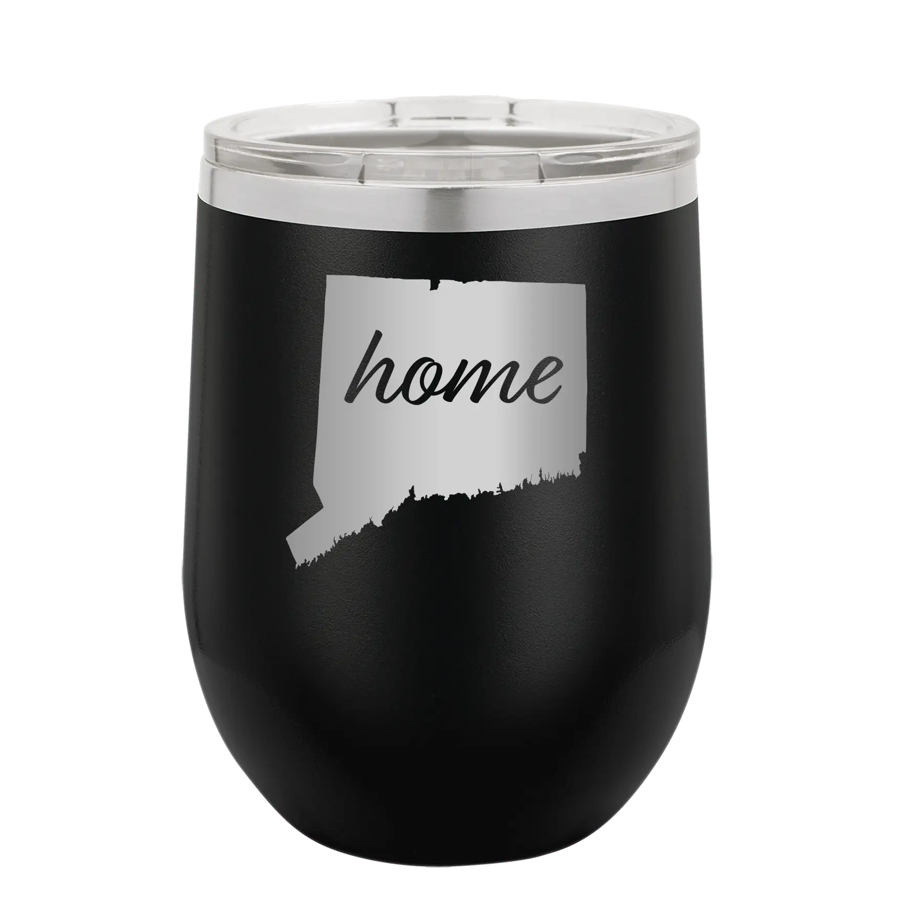 Laser etched black 12 oz vacuum insulated wine cup with 'Connecticut Home' design