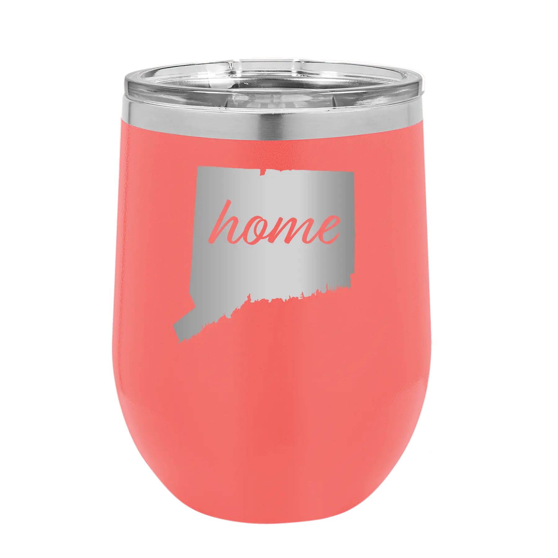 Laser etched coral 12 oz vacuum insulated wine cup with 'Connecticut Home' design