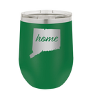 Laser etched green 12 oz vacuum insulated wine cup with 'Connecticut Home' design
